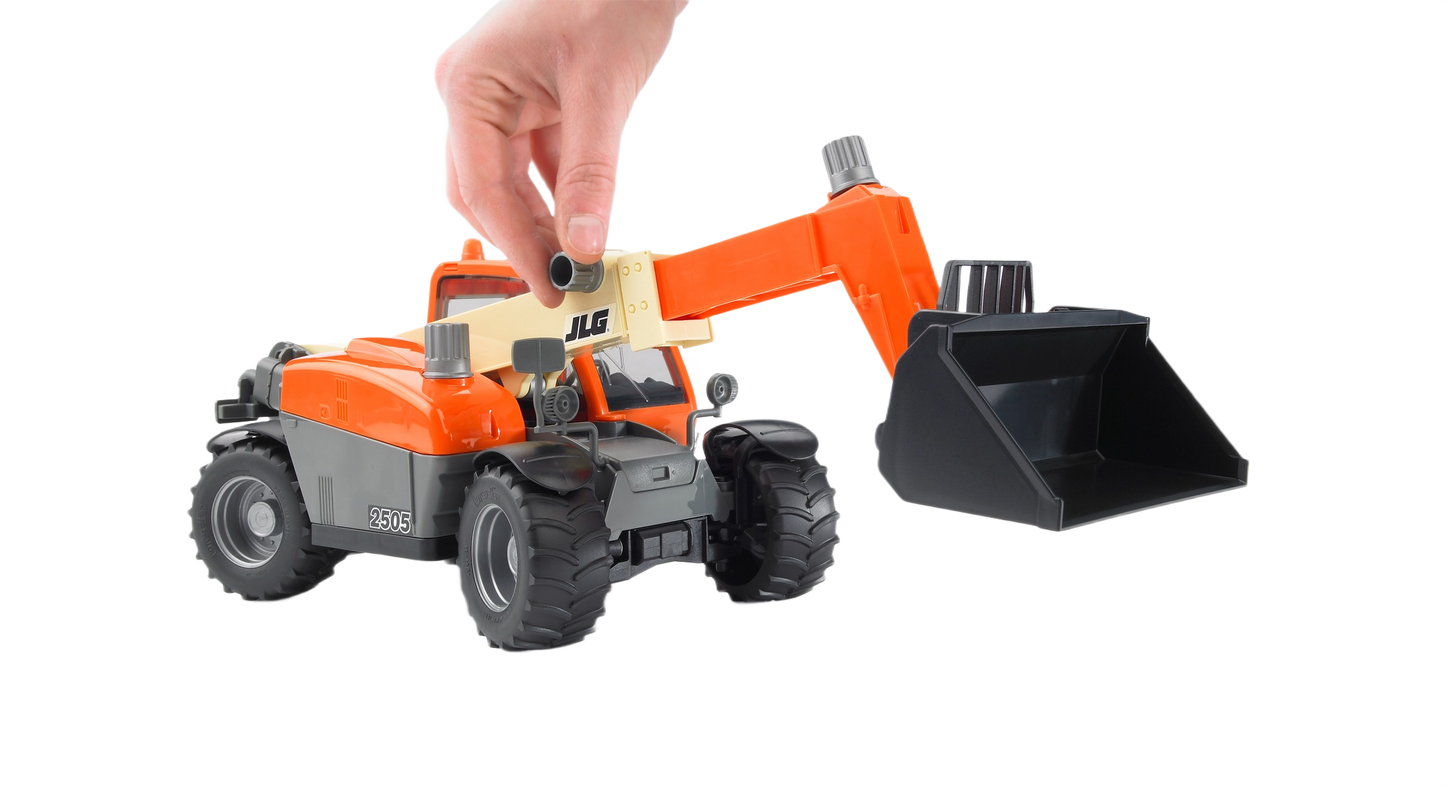 Orange and gray Bruder JLG 2505 Telehandler toy with movable arm and black bucket for imaginative home improvement play