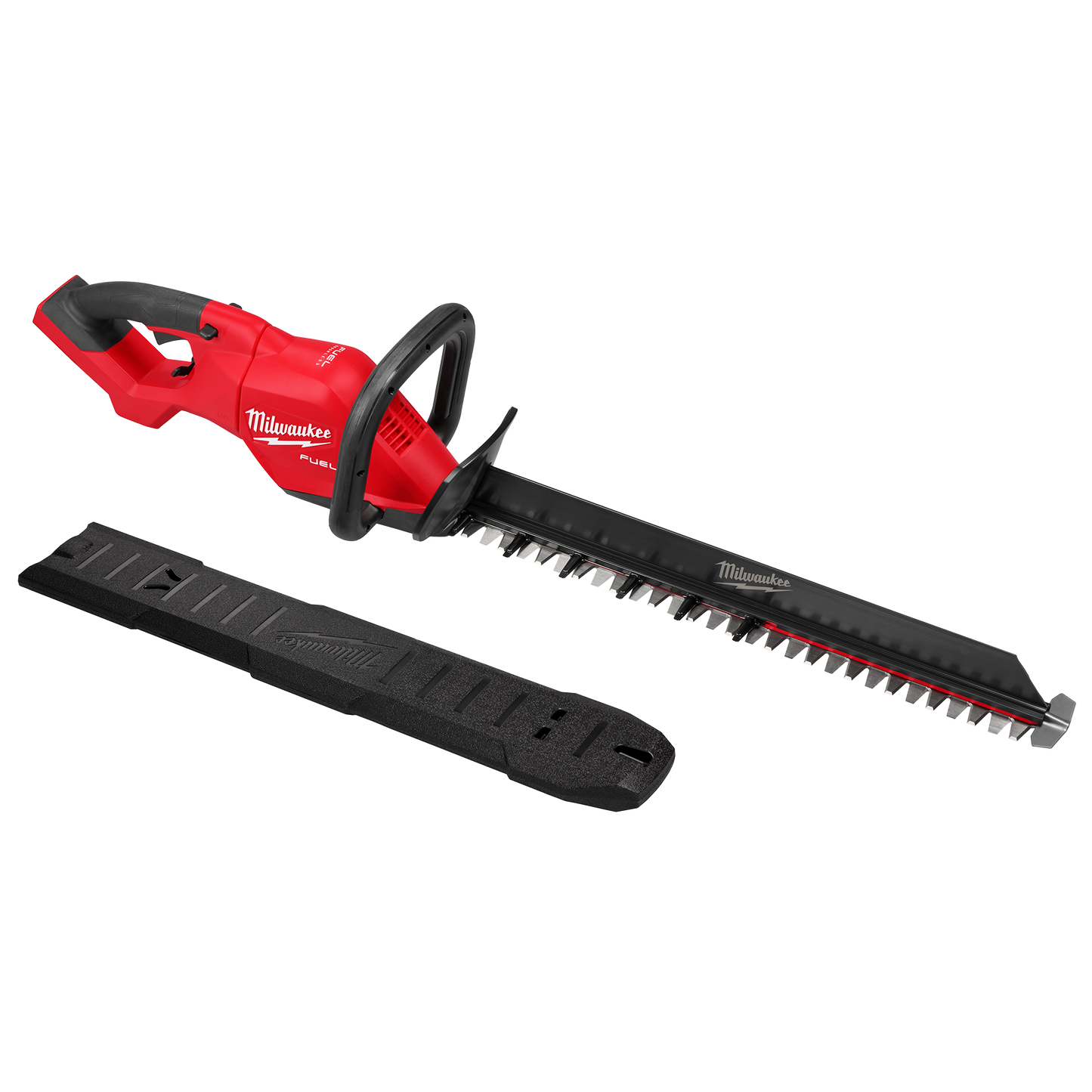 Red cordless hedge trimmer with ergonomic handle and protective sheath designed for tools and home improvement tasks