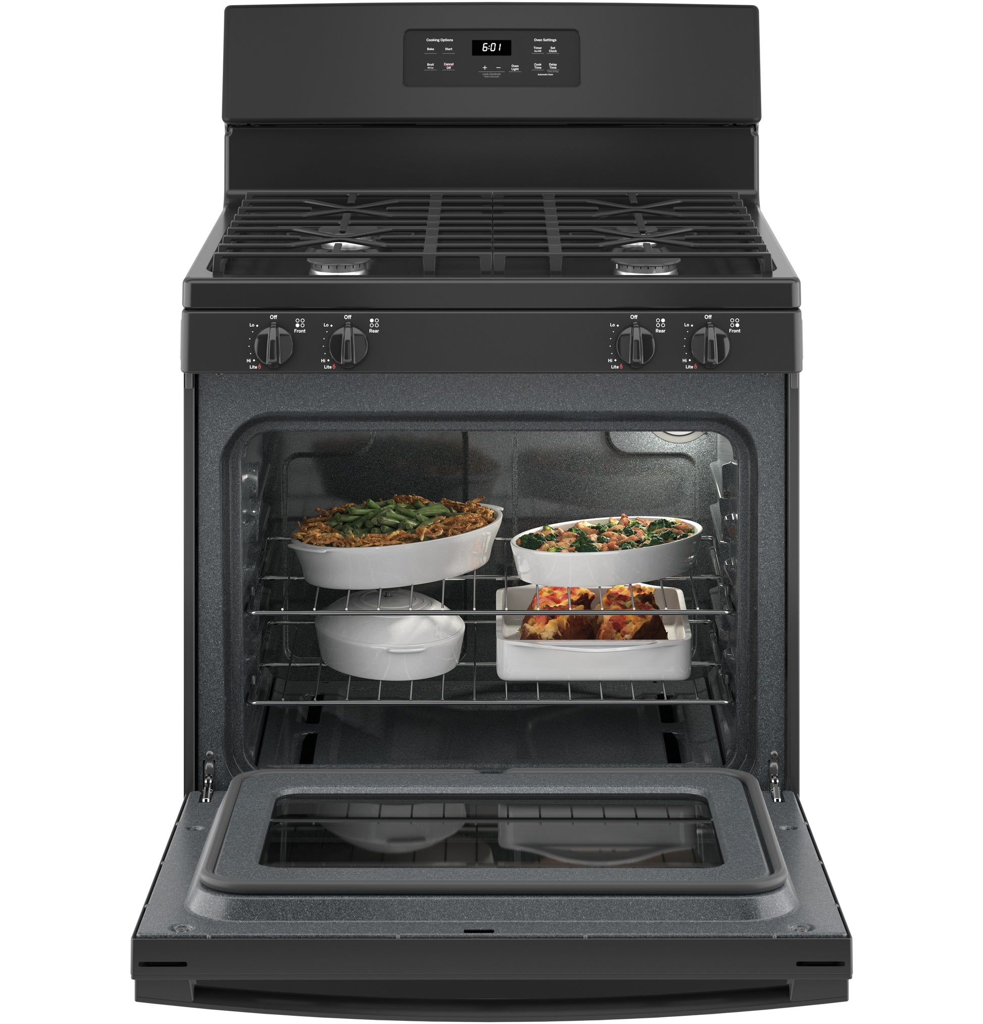 Open front view of black free-standing gas range from Ranges and Gas Ranges collections with food baking inside oven