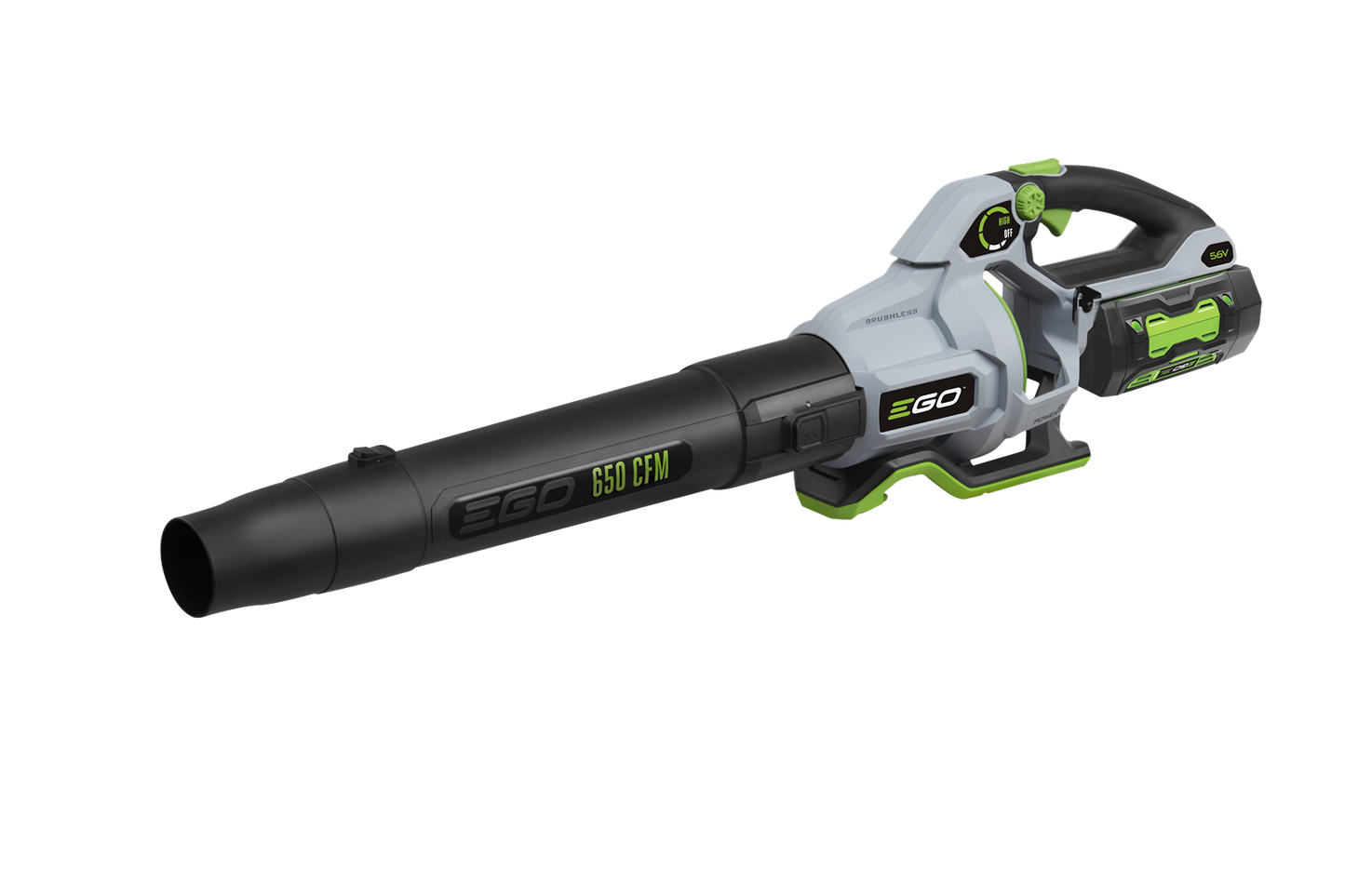 Cordless leaf blower with ergonomic handle and black nozzle, designed for efficient outdoor cleanup tasks