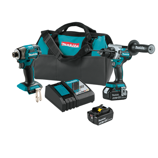 Two cordless teal and black power drills, battery pack, charger, and black tool bag for home improvement tasks