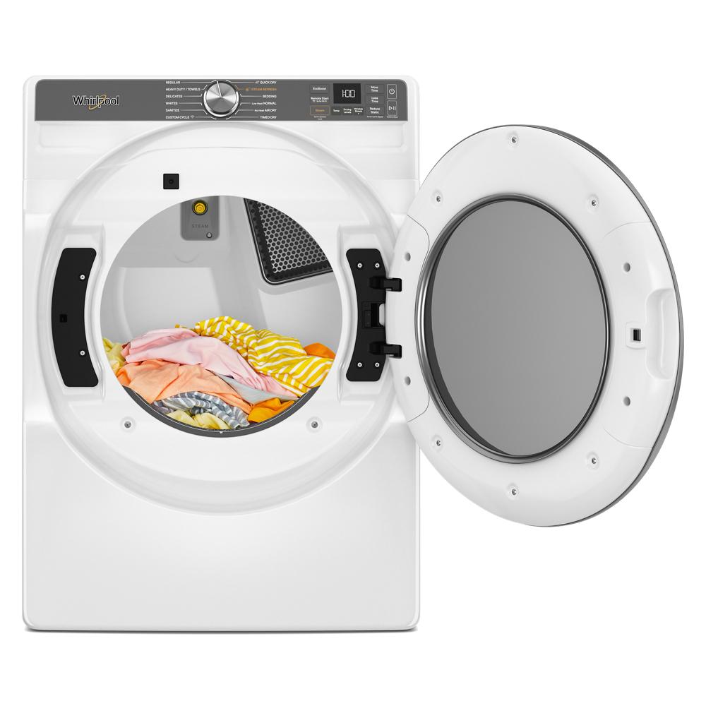 White smart front load electric dryer with open door showing clothes inside and digital control panel from Dryers collection
