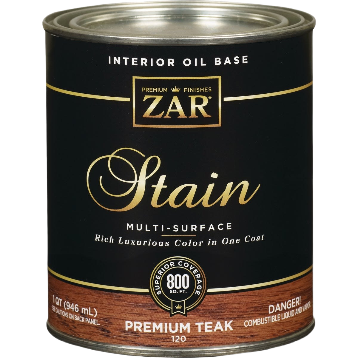 Can of Zar interior oil base teak wood stain in premium finishes for sanding, finishing, and home improvement tasks