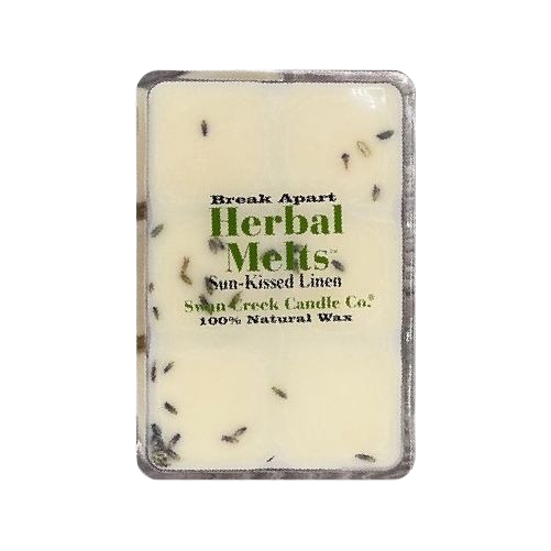Rectangular 6-pack of natural wax Herbal Melts with sun-kissed linen scent and visible dried herbs inside