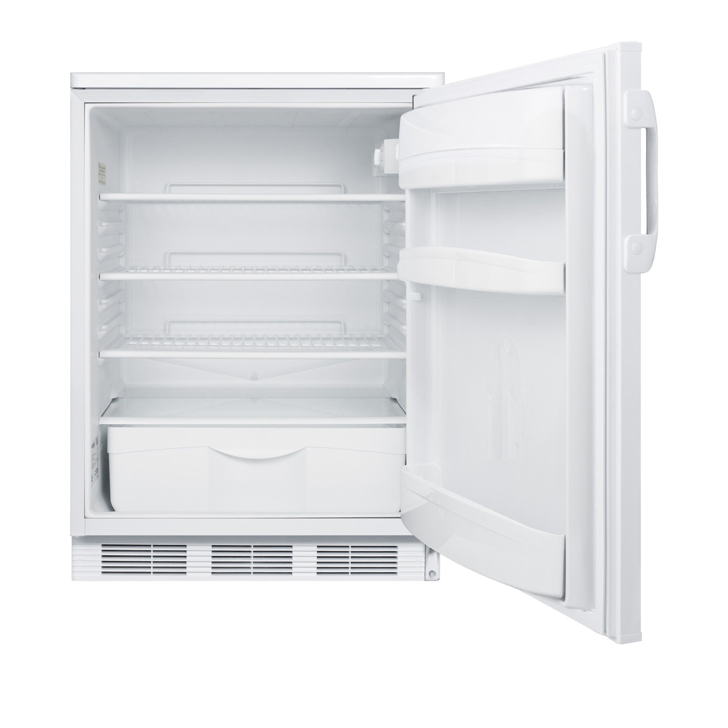 Open compact white built-in refrigerator with adjustable wire shelves and door bins for general storage in kitchen appliances collection