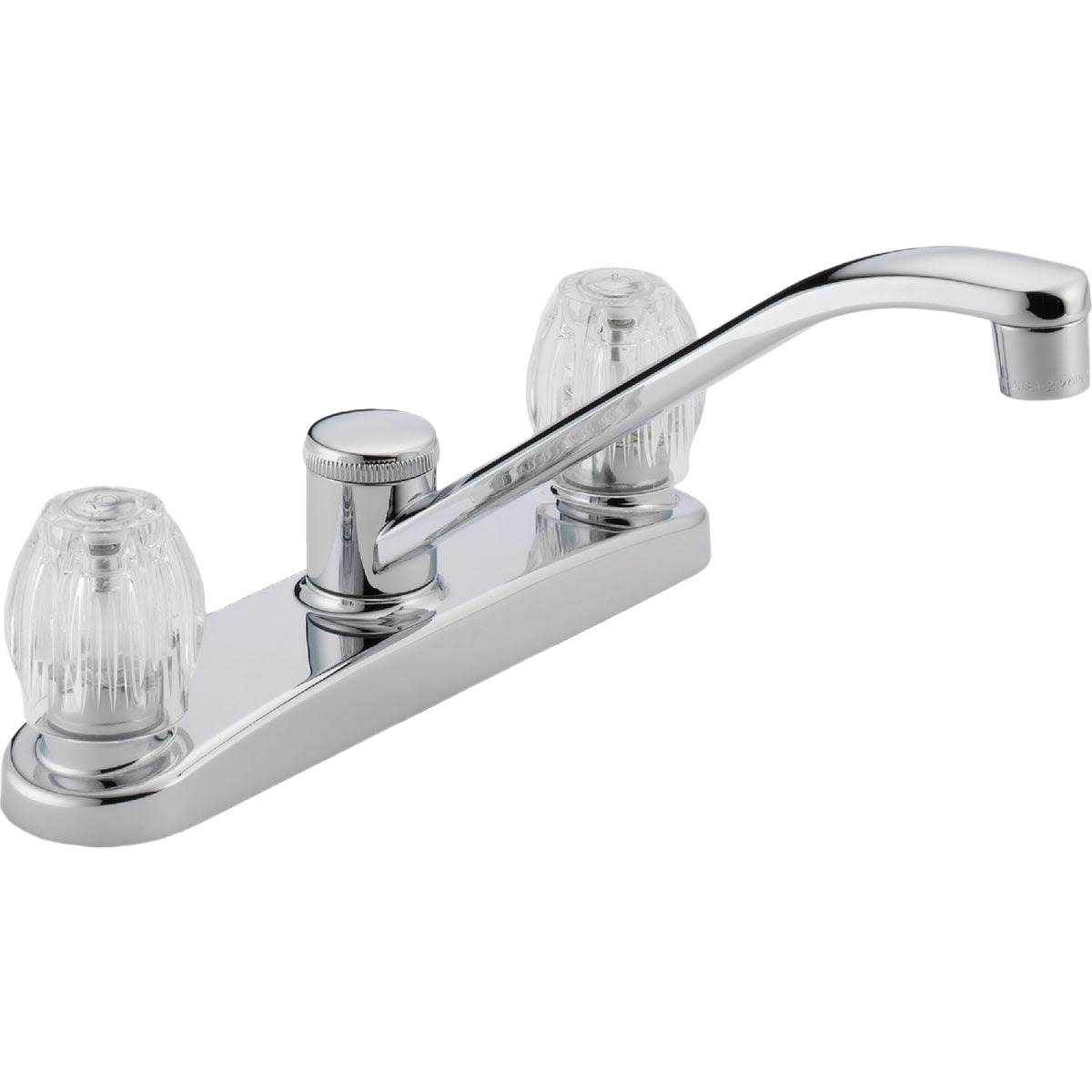 Chrome two-handle kitchen faucet with clear knobs and curved spout for home improvement and kitchen use under $100
