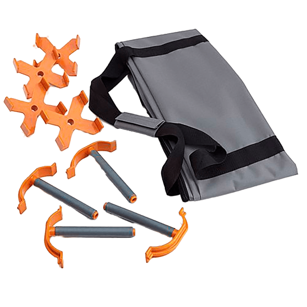 Gray carrying case with black straps alongside orange and gray modular components for tool and home improvement use