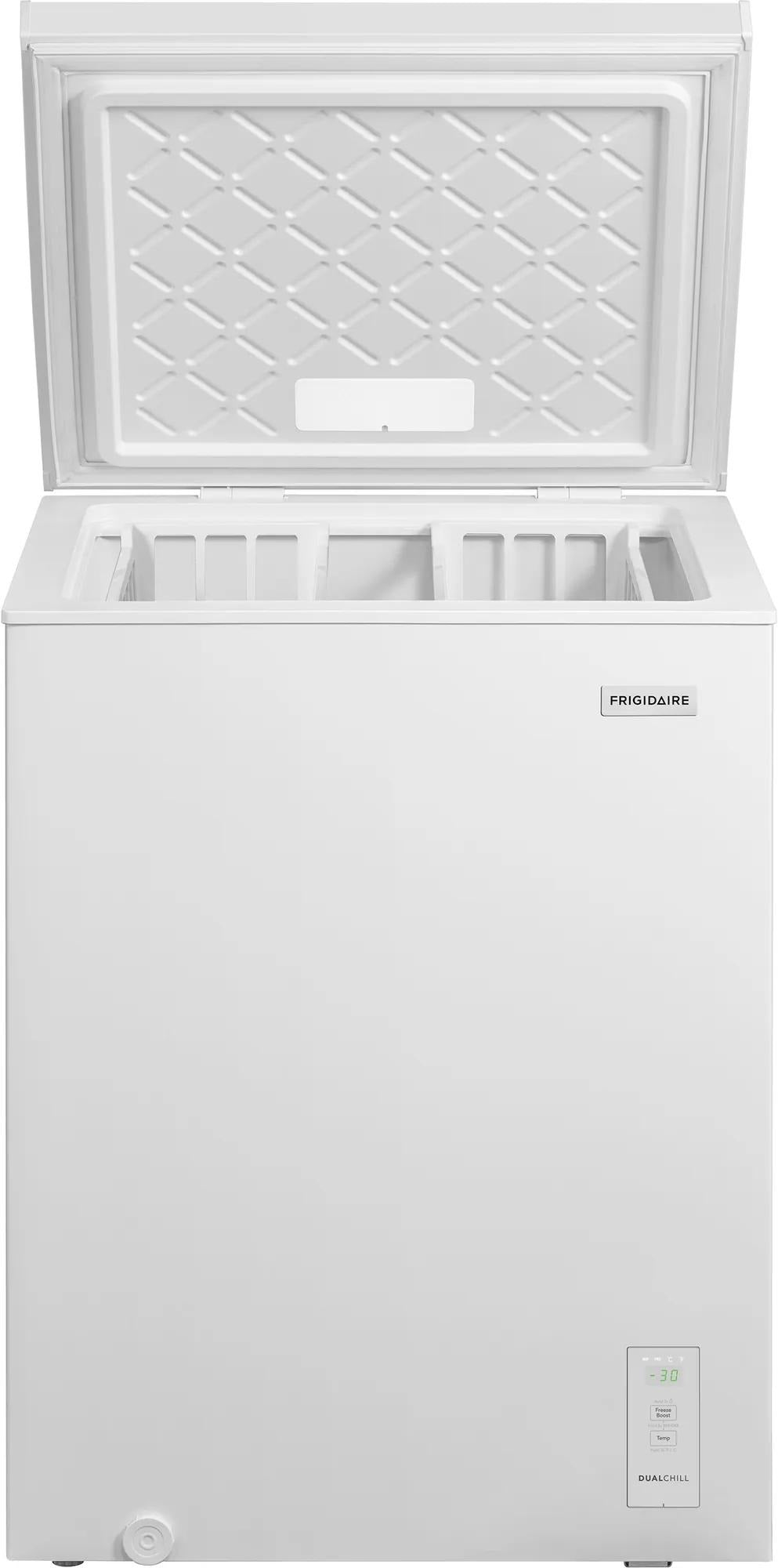 White chest freezer with spacious interior, top-open lid, and digital control panel displaying temperature, designed for Freezers & Ice Makers and Kitchen & Kitchenware collections.