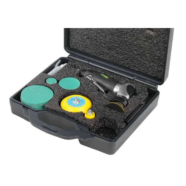 Compact air-powered 105-degree angle random orbital sander kit with sanding discs and storage case for home improvement tools