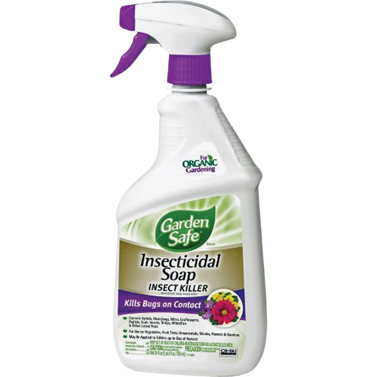 White and purple spray bottle of plant-based insecticidal soap for pest control in lawn and garden use collections