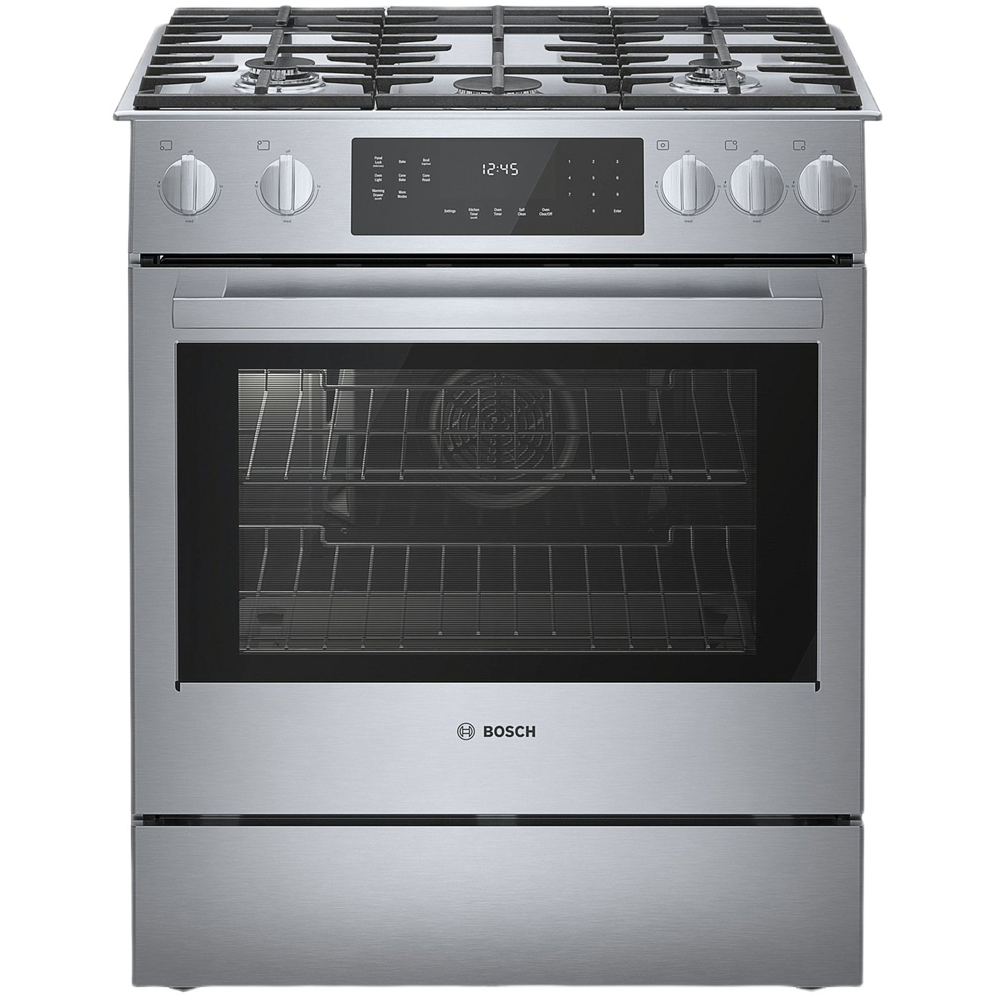 stainless steel gas slide-in range with touch control panel and heavy-duty metal knobs for kitchen and home improvement