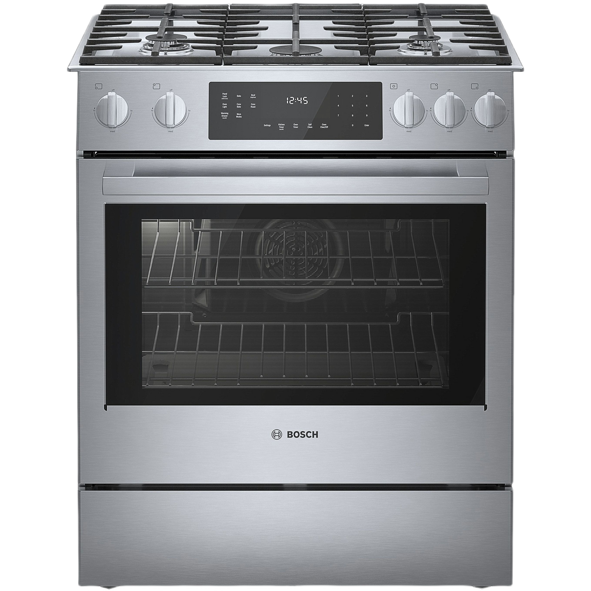 stainless steel gas slide-in range with touch control panel and heavy-duty metal knobs for kitchen and home improvement