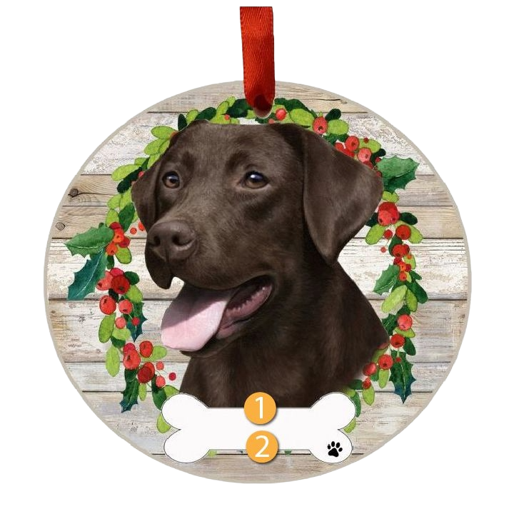 Round Christmas ornament featuring a Chocolate Labrador face with festive wreath and red ribbon hanger