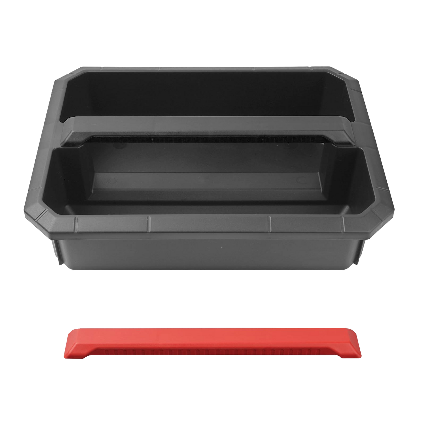 Black plastic storage tray insert with red handle for Milwaukee PACKOUT large tool box in tool storage bins collection