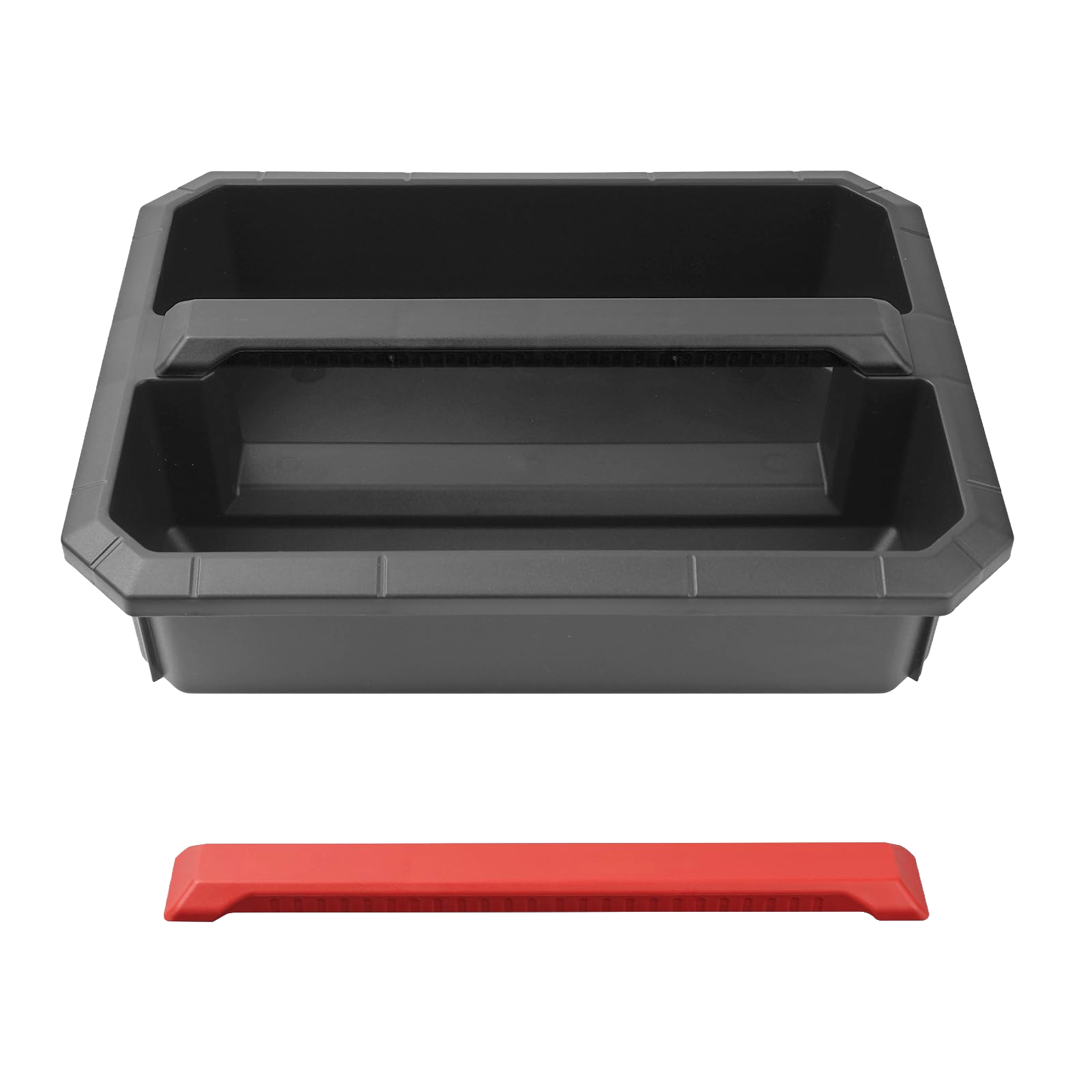 Black plastic storage tray insert with red handle for Milwaukee PACKOUT large tool box in tool storage bins collection