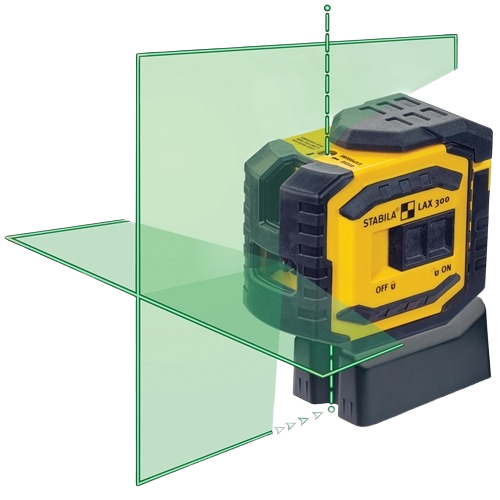 Compact yellow and black laser level projecting green cross lines for precise alignment in woodworking and measuring tools collections