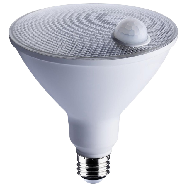 White LED flood light bulb with integrated motion sensor for energy-efficient home lighting and security use