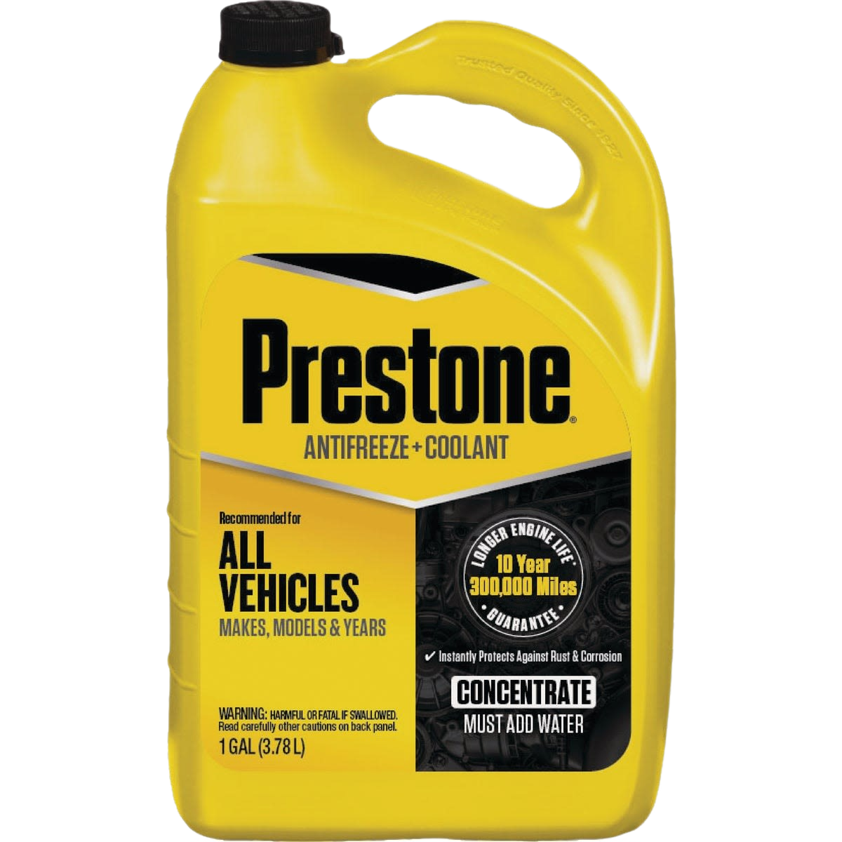Yellow jug of Prestone antifreeze and coolant concentrate for automotive use with vehicle compatibility information