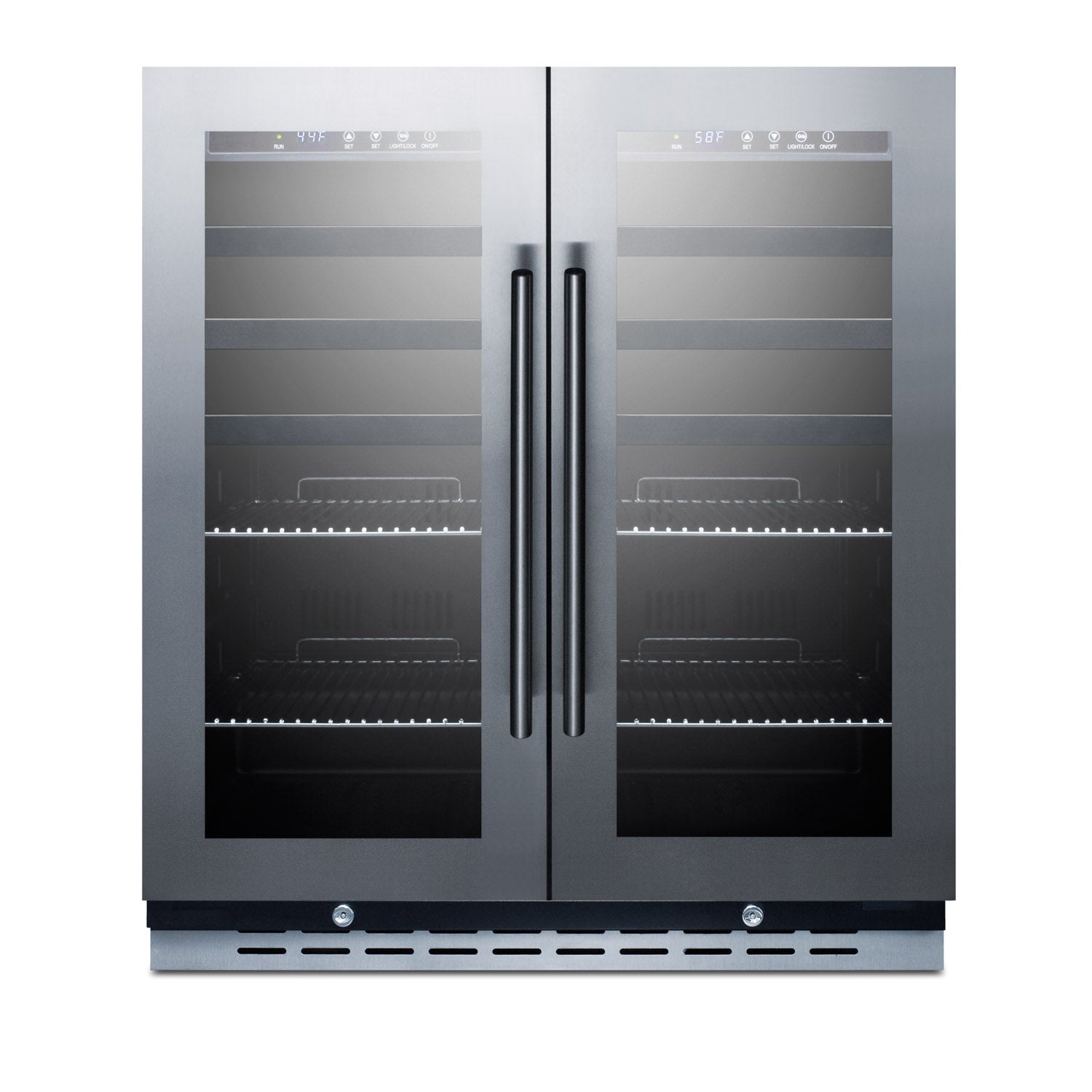30-inch wide built-in beverage center with stainless steel frame, glass doors, and interior shelving from Appliances collection