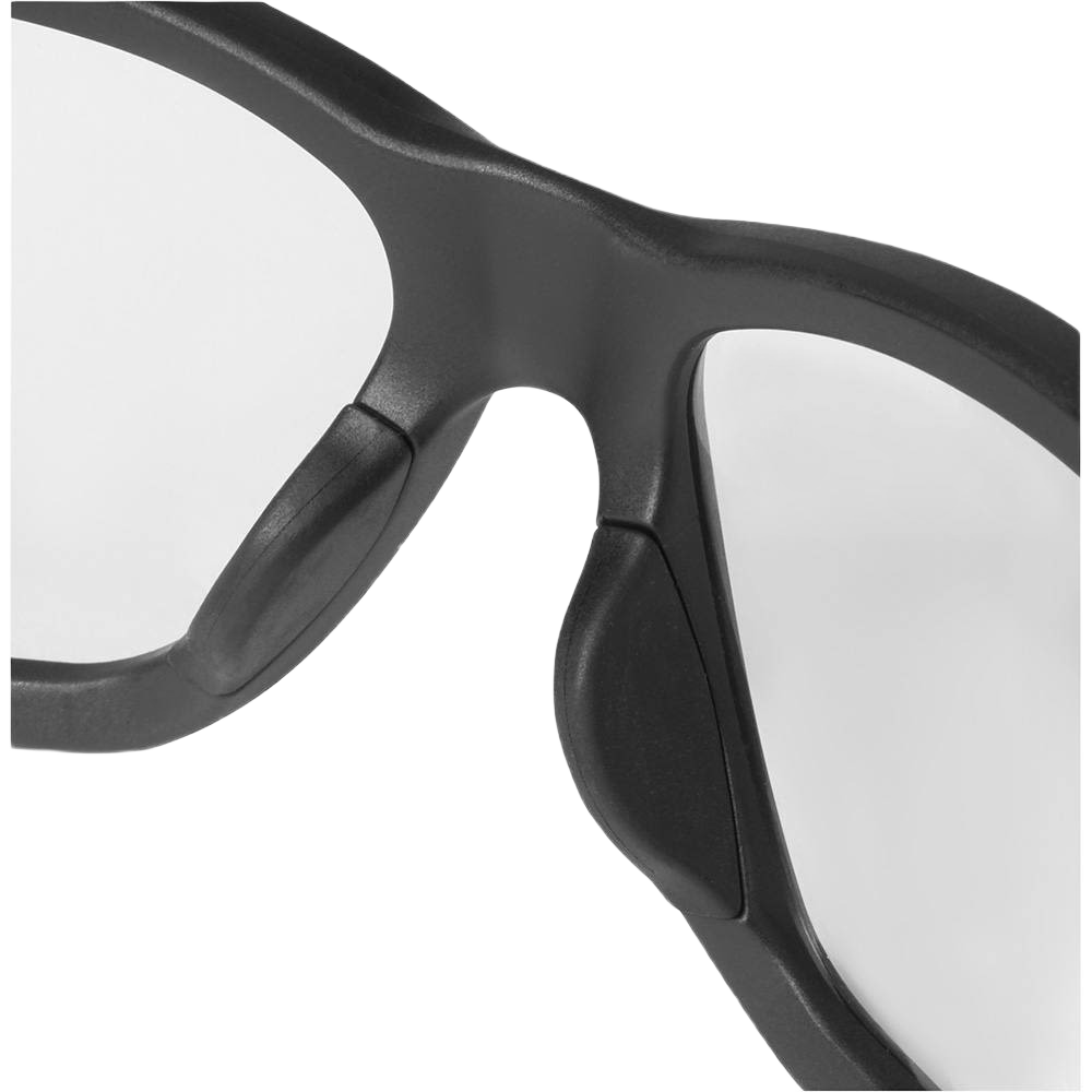 Close-up of black frame clear lens safety glasses with padded nose bridge for comfort in tools and home improvement tasks