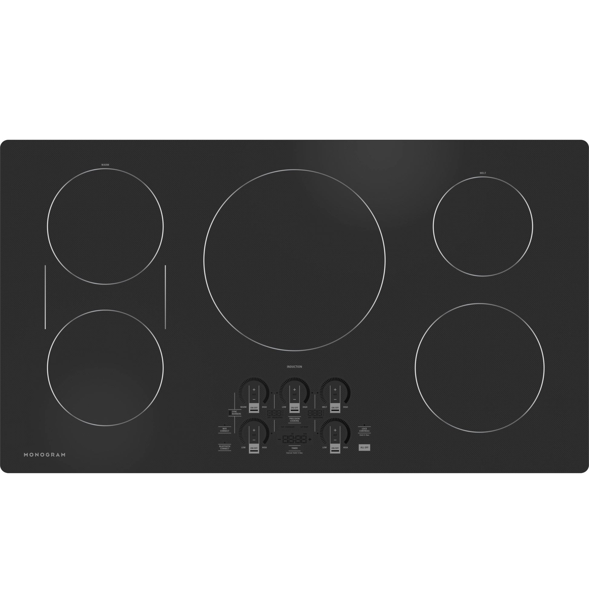 36-inch black glass induction cooktop with five cooking zones and front-mounted control knobs from kitchen appliances collection