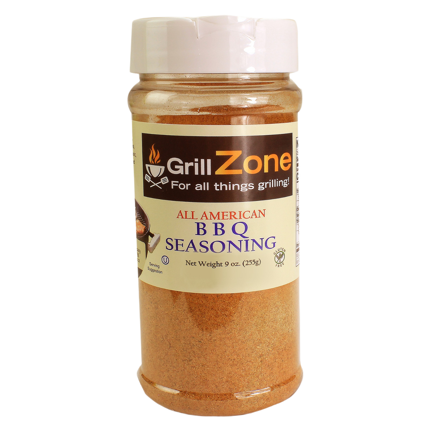 Plastic bottle of Grill Zone All American BBQ seasoning with beige label for grilling and home cooking use