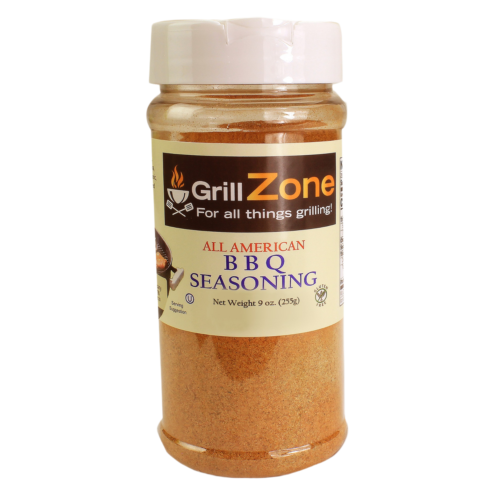 Plastic bottle of Grill Zone All American BBQ seasoning with beige label for grilling and home cooking use