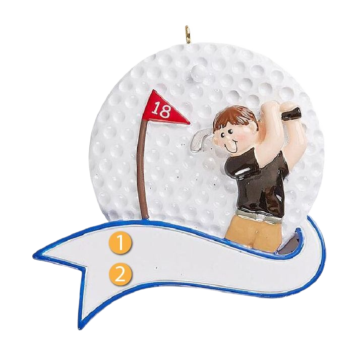 Boy figurine swinging golf club near 18th hole flag on golf ball background Christmas ornament under $50