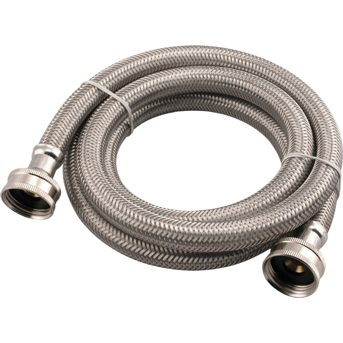 Coiled stainless steel washing machine hose with durable braided exterior for home improvement and plumbing tasks