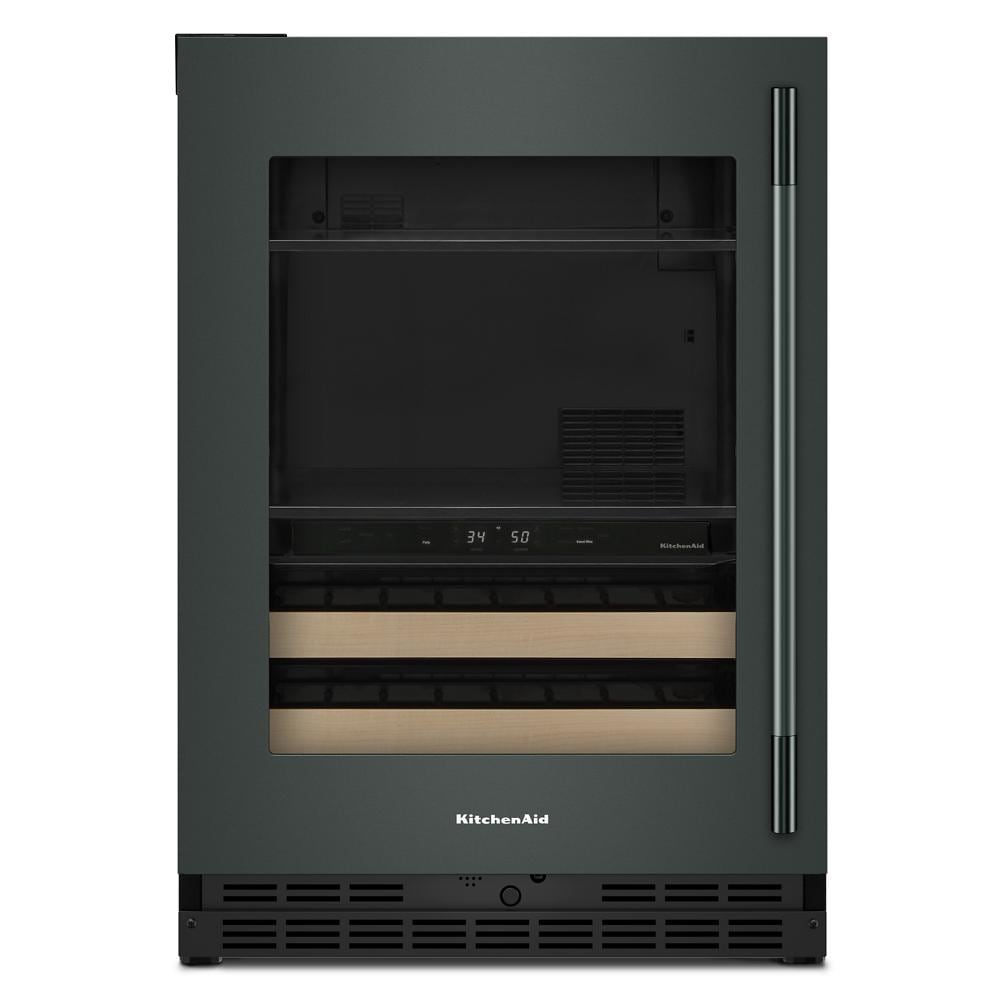24-inch undercounter beverage center with glass door, wood-front racks, digital controls, and black finish