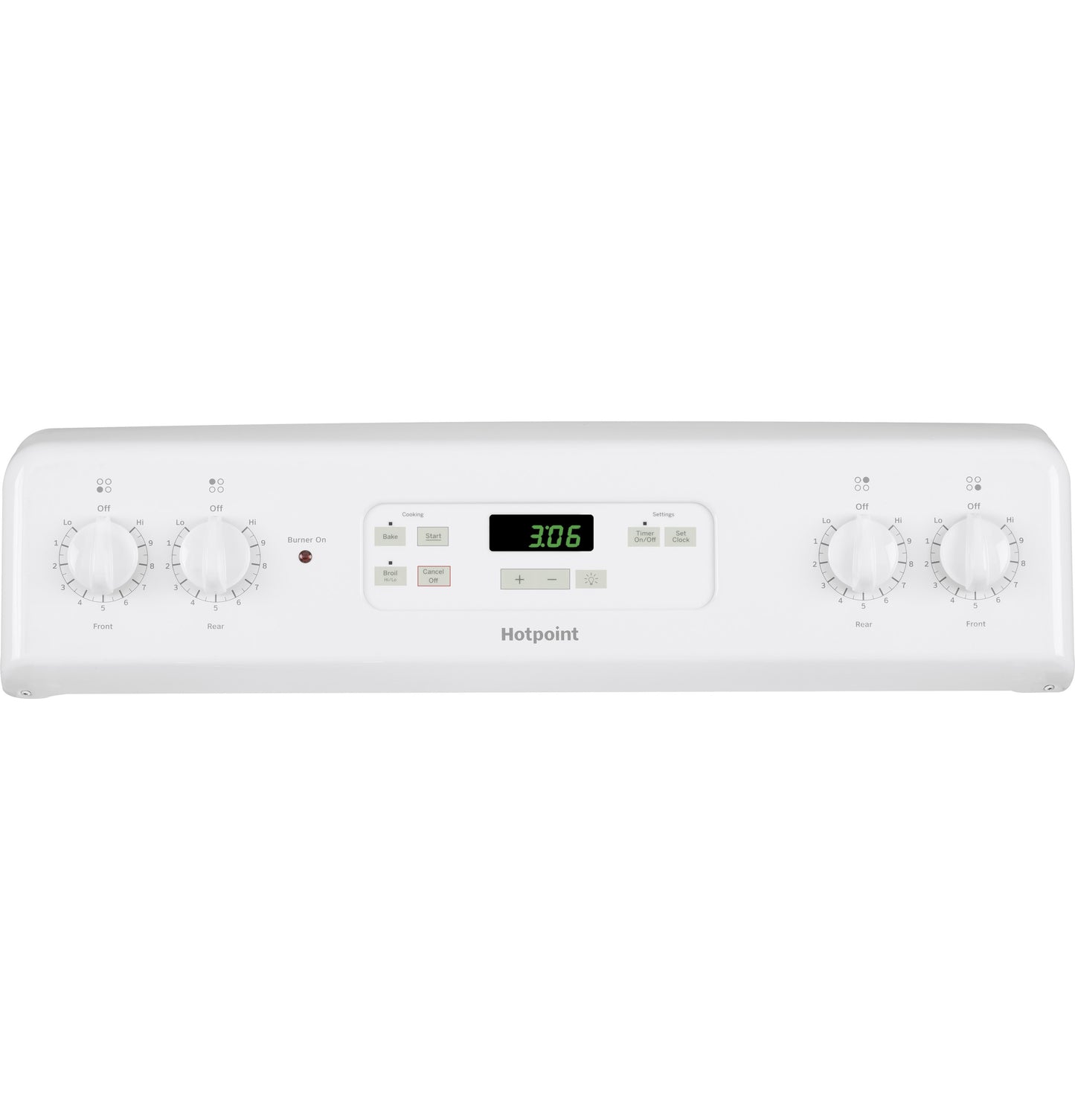 White electric range control panel with four dial knobs and digital timer display in kitchen appliances collection