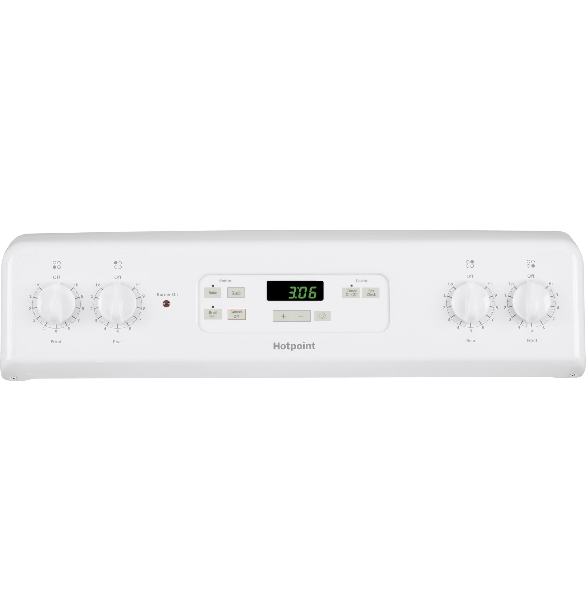 White electric range control panel with four dial knobs and digital timer display in kitchen appliances collection