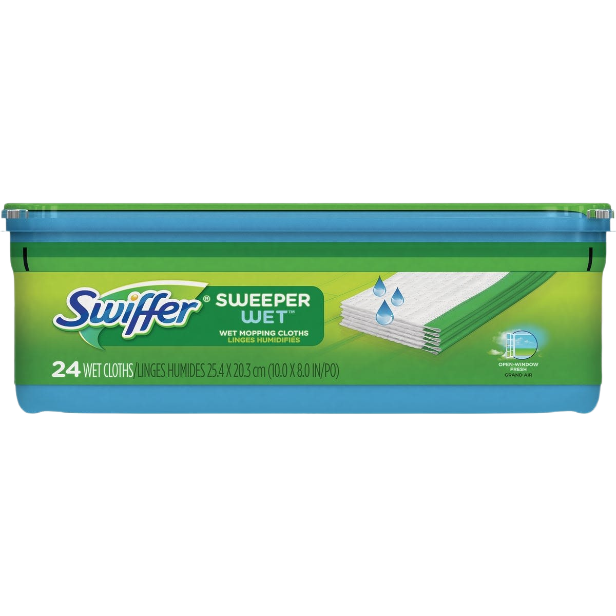 Package of 24 pre-moistened Swiffer wet mop cloth refills for floor cleaning in sweepers and cleaning tools collections