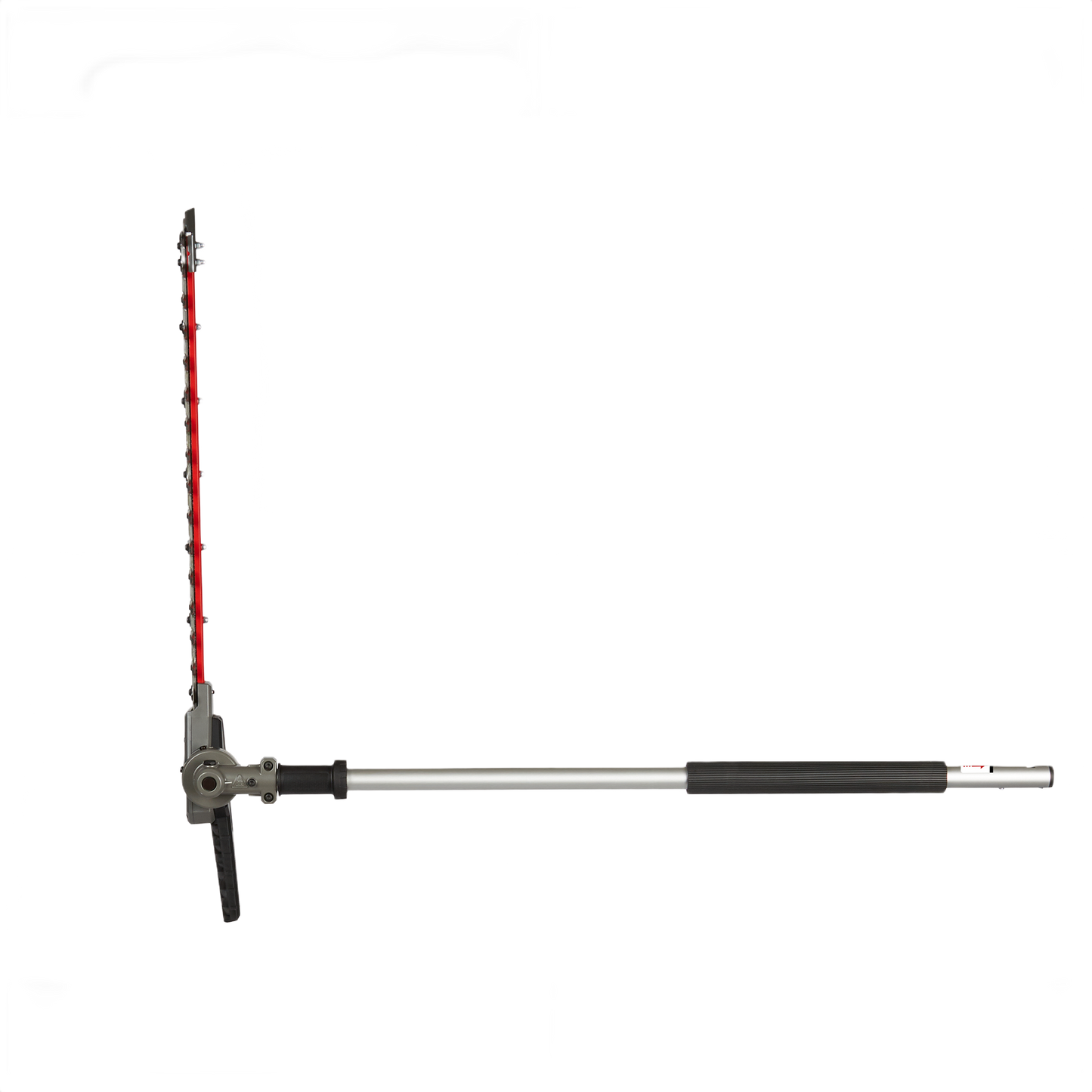 Adjustable hedge trimmer attachment with red blades and extendable handle for versatile tools and home improvement tasks