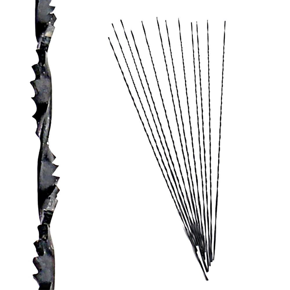 Set of thin spiral tooth blades with flat ends designed for scroll saws and woodworking tool accessories