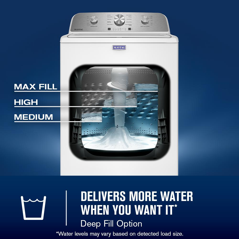 White top load washer with open lid showing deep fill water levels in washers and dryers collection