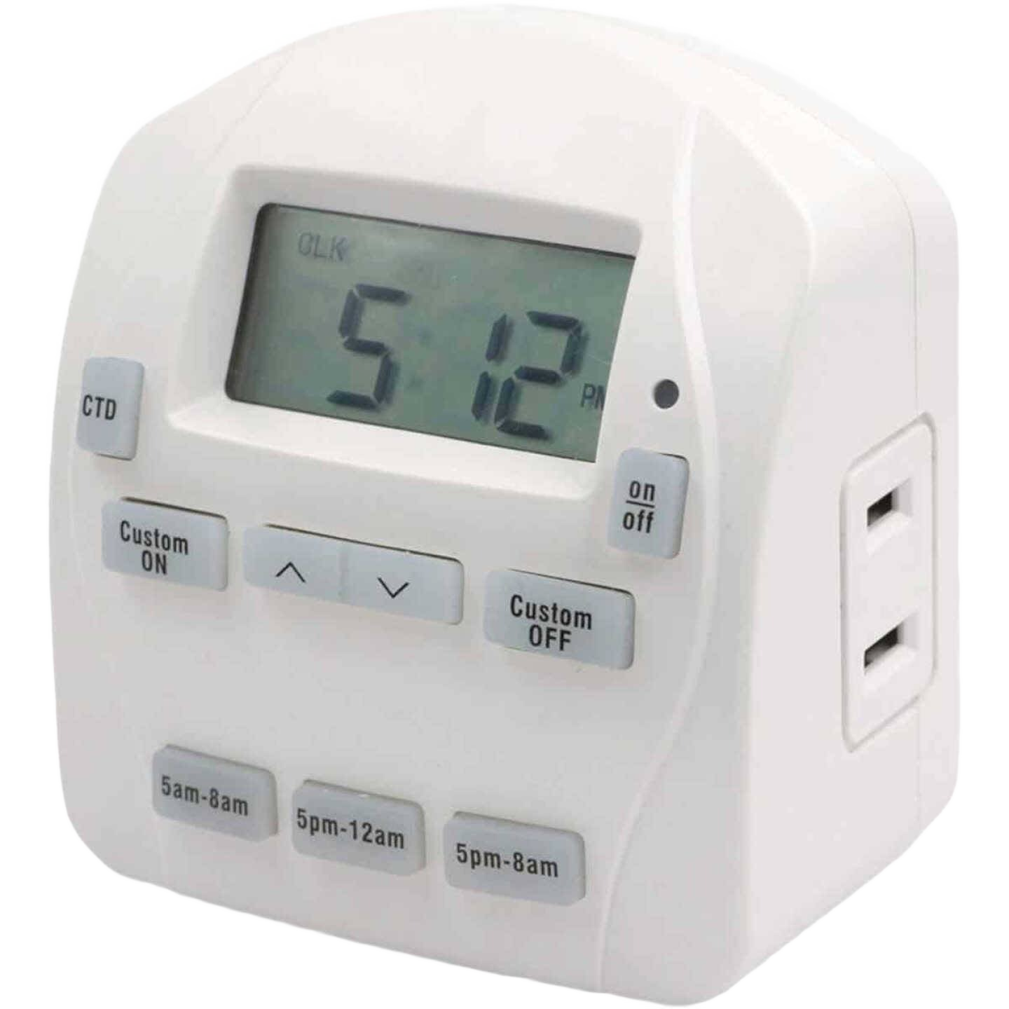 White digital indoor timer with multiple preset buttons and dual outlet sockets for electrical and home improvement use