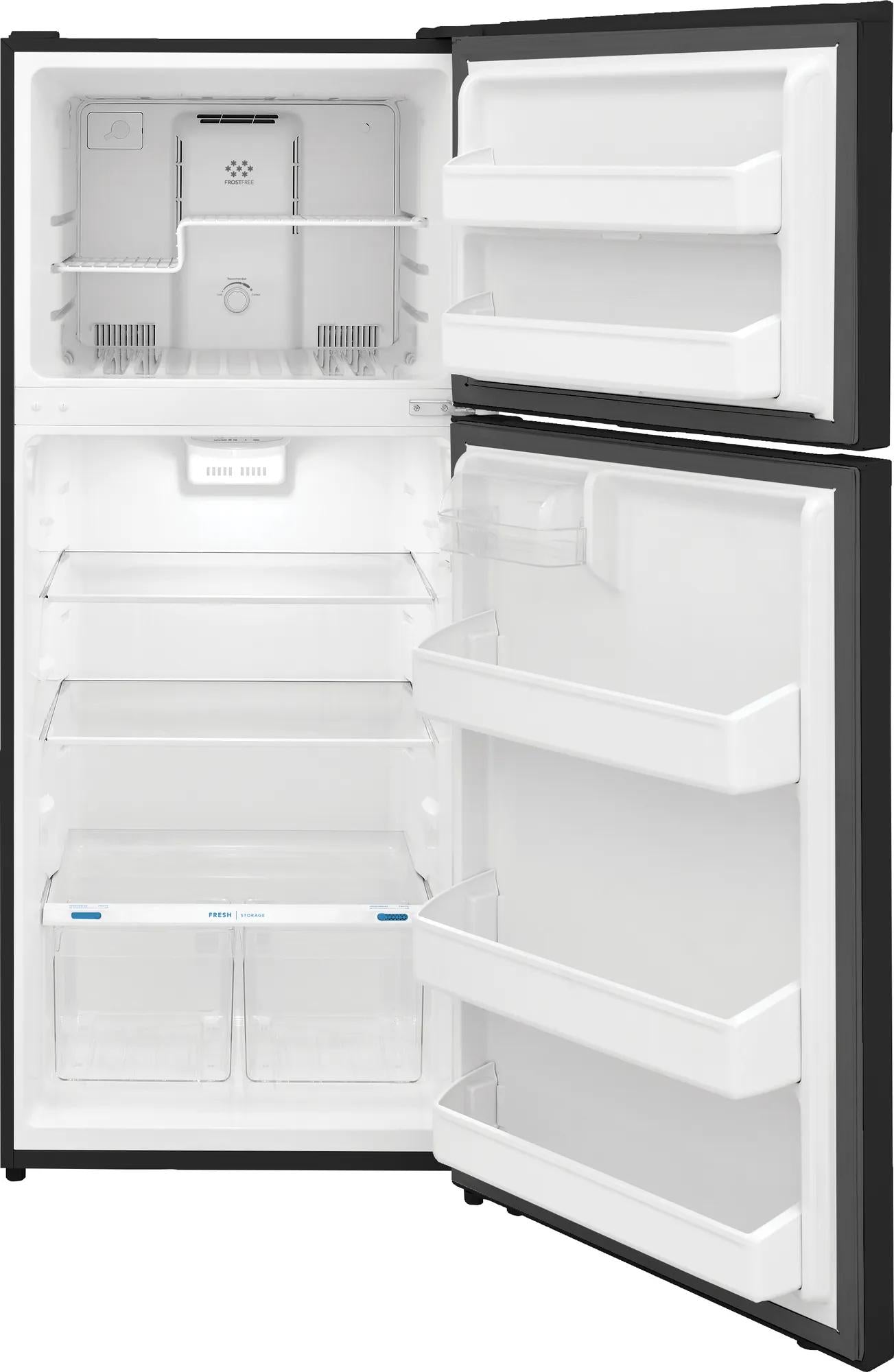 open black top freezer refrigerator with glass shelves and clear door bins in kitchen appliances collection