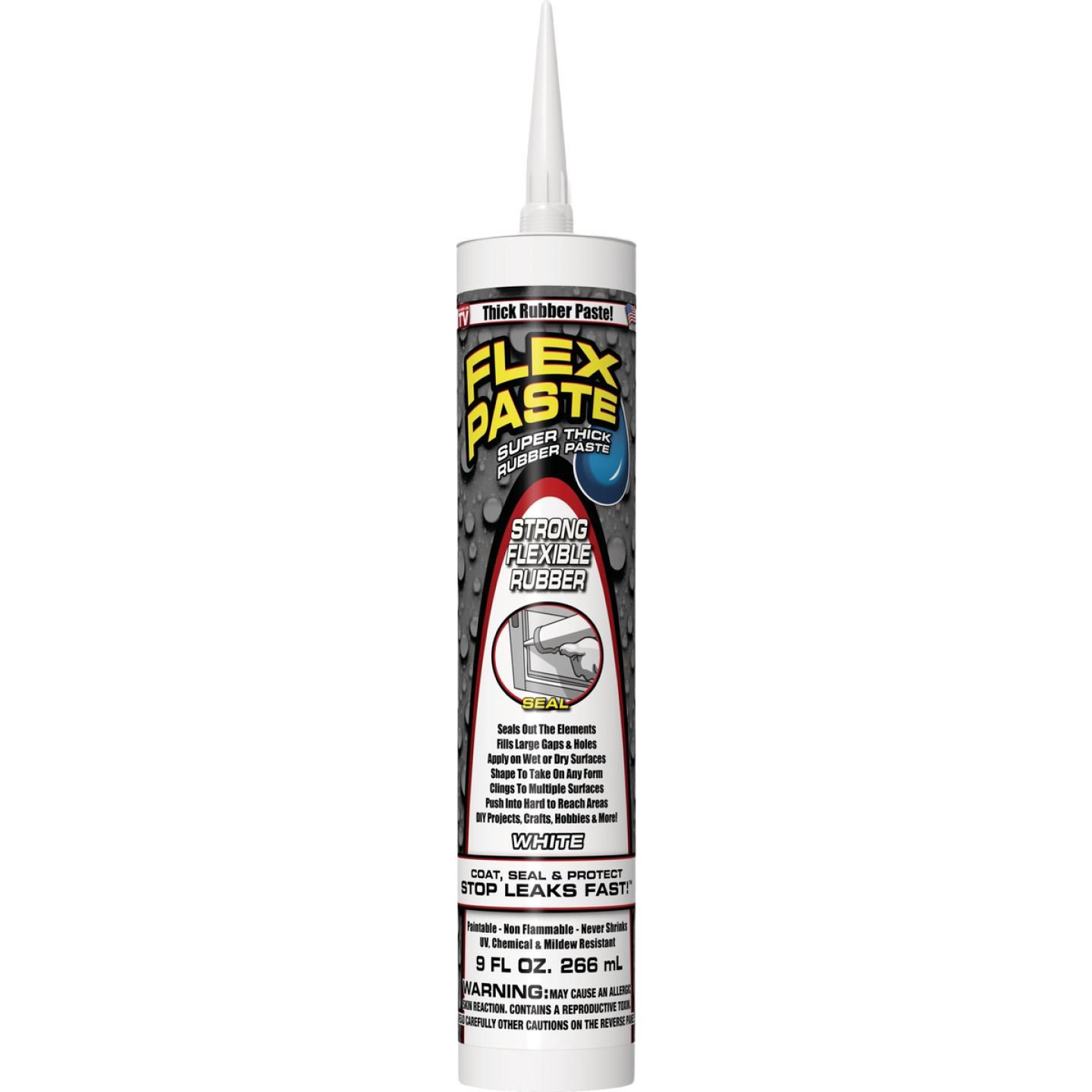 White rubber sealant tube with pointed nozzle for sealing, coating, and leak prevention in home improvement projects