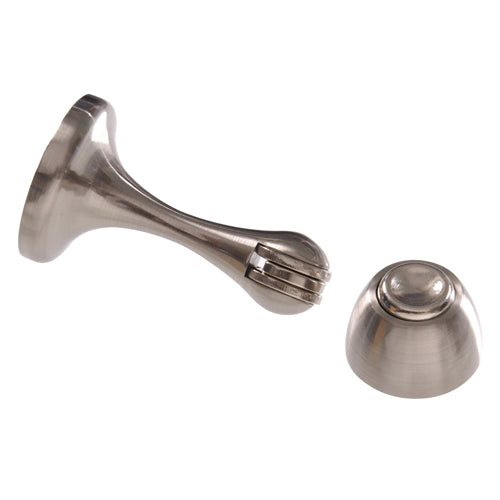 Satin nickel magnetic door stop with wall-mounted base and rounded stopper for home improvement use