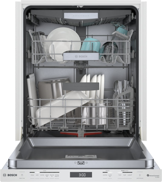 Open white Bosch dishwasher with loaded clean dishes in racks for kitchen appliance and home improvement collection