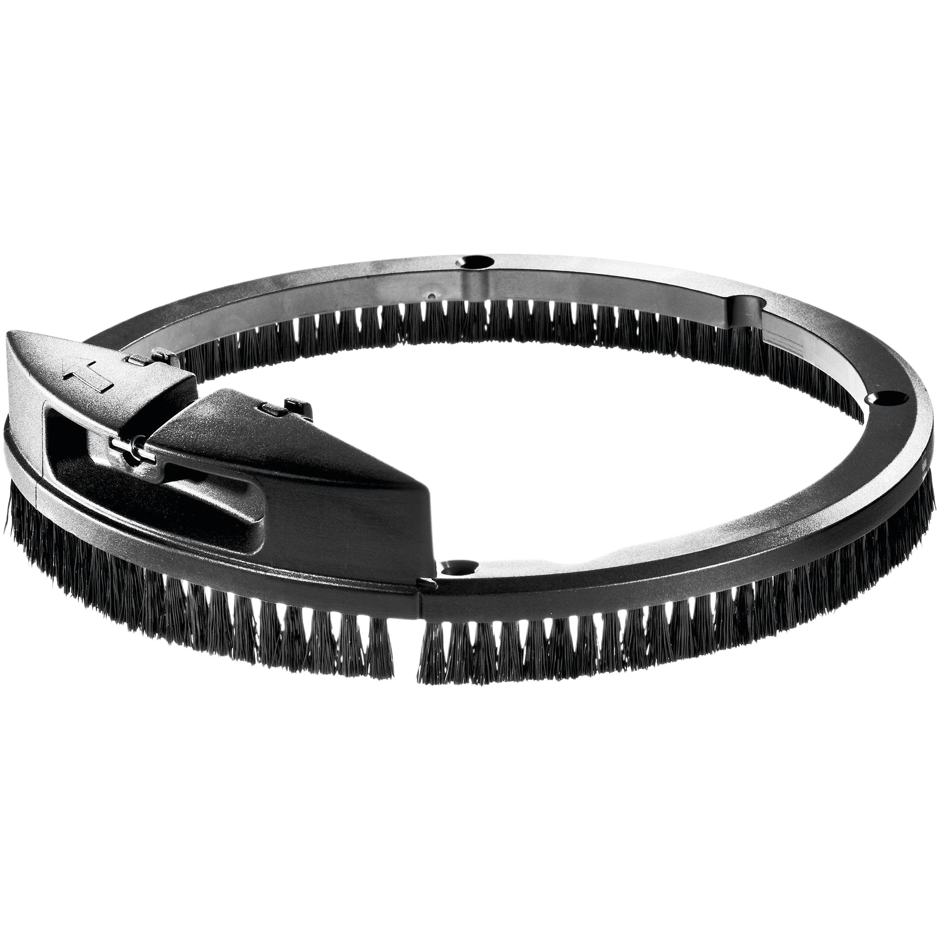 Circular black brush ring attachment designed for enhanced dust extraction in woodworking power tool accessories collections