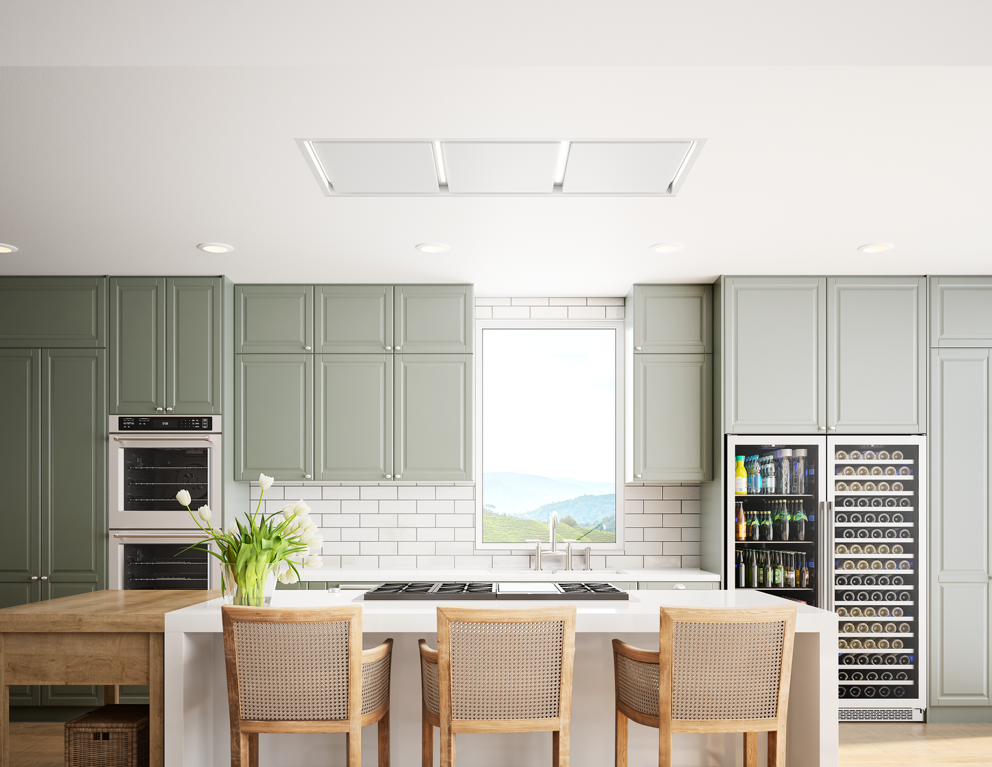 Modern white recessed range hood with LED lighting installed in a stylish kitchen featuring green cabinetry, stainless steel appliances, and island seating, part of Range Hoods and Kitchen & Kitchenware collections.