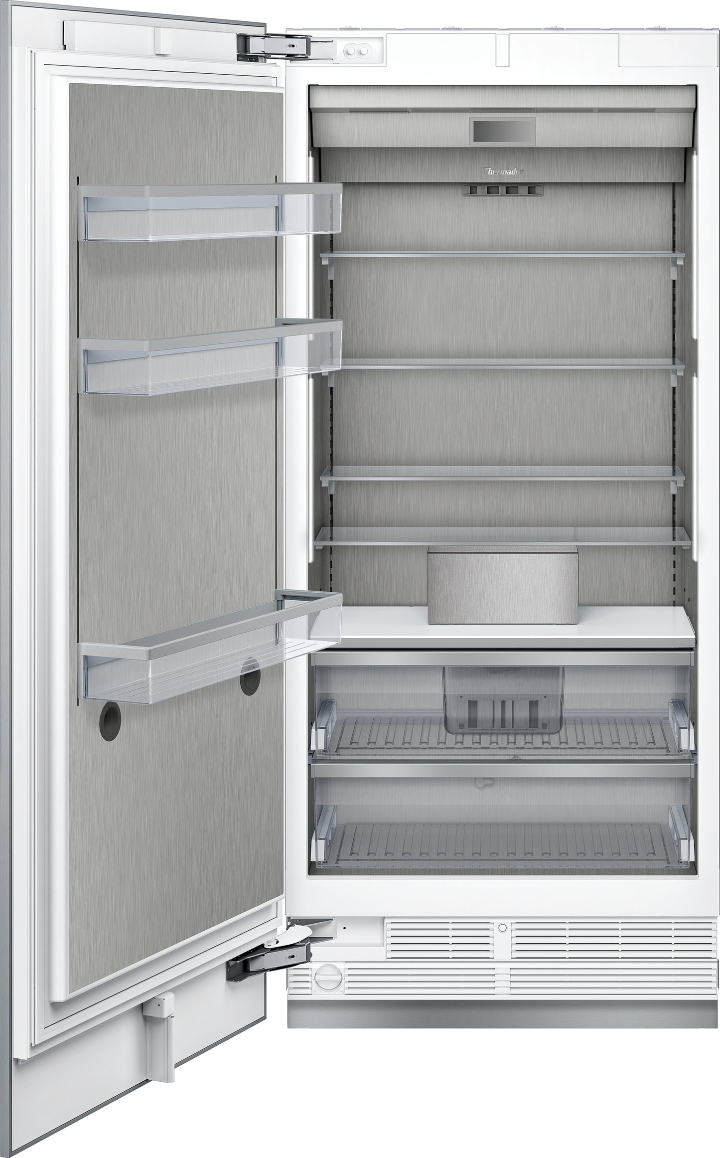 Open stainless steel interior freezer column with adjustable shelves and clear door bins from kitchen appliances collection