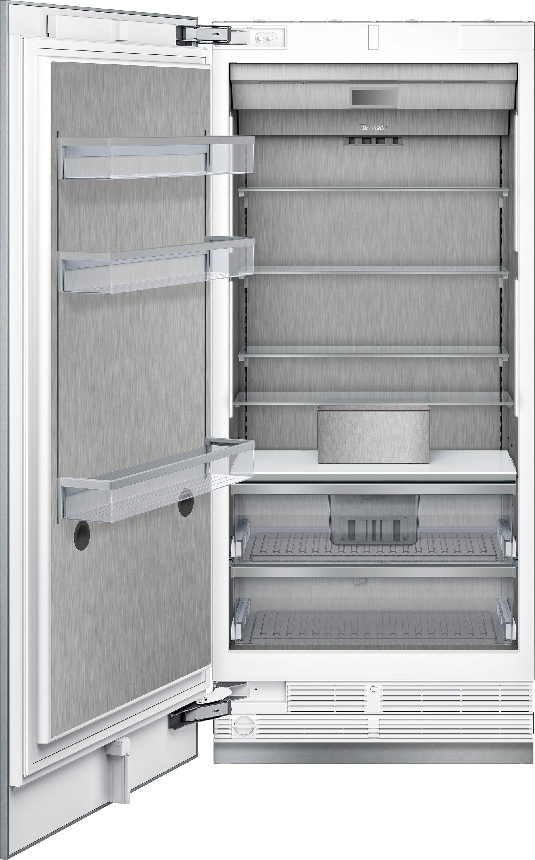 Open stainless steel interior freezer column with adjustable shelves and clear door bins from kitchen appliances collection