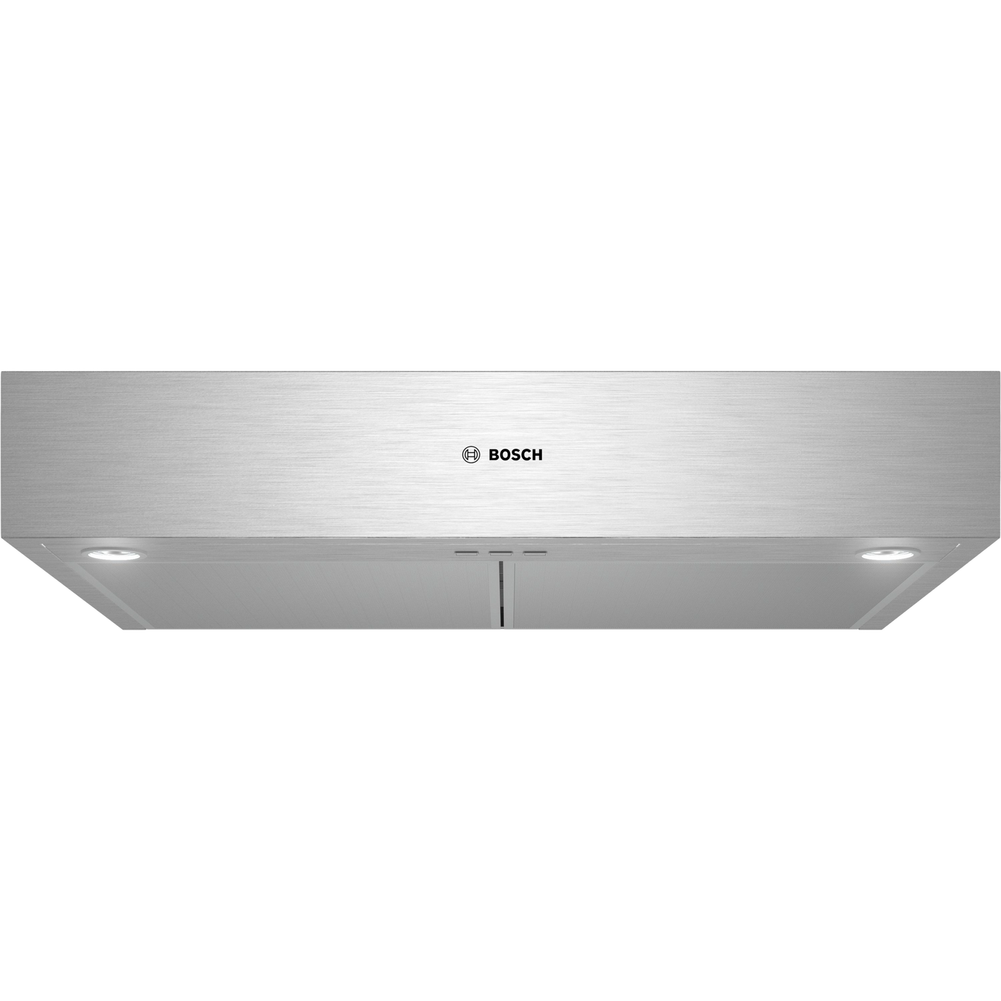 Stainless steel undercabinet range hood with LED lights and Bosch logo in kitchen appliances and home improvement collection