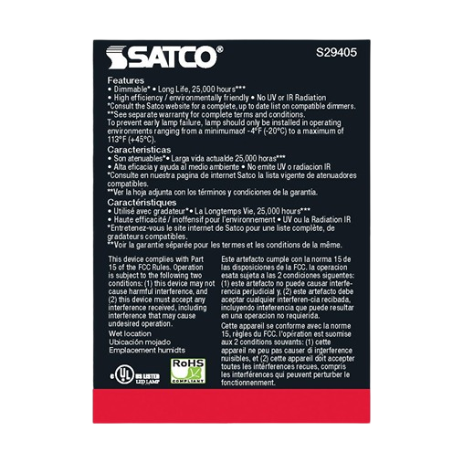 Black packaging of Satco 6.5 watt PAR20 warm white LED bulb highlighting dimmable, energy-efficient features for home lighting