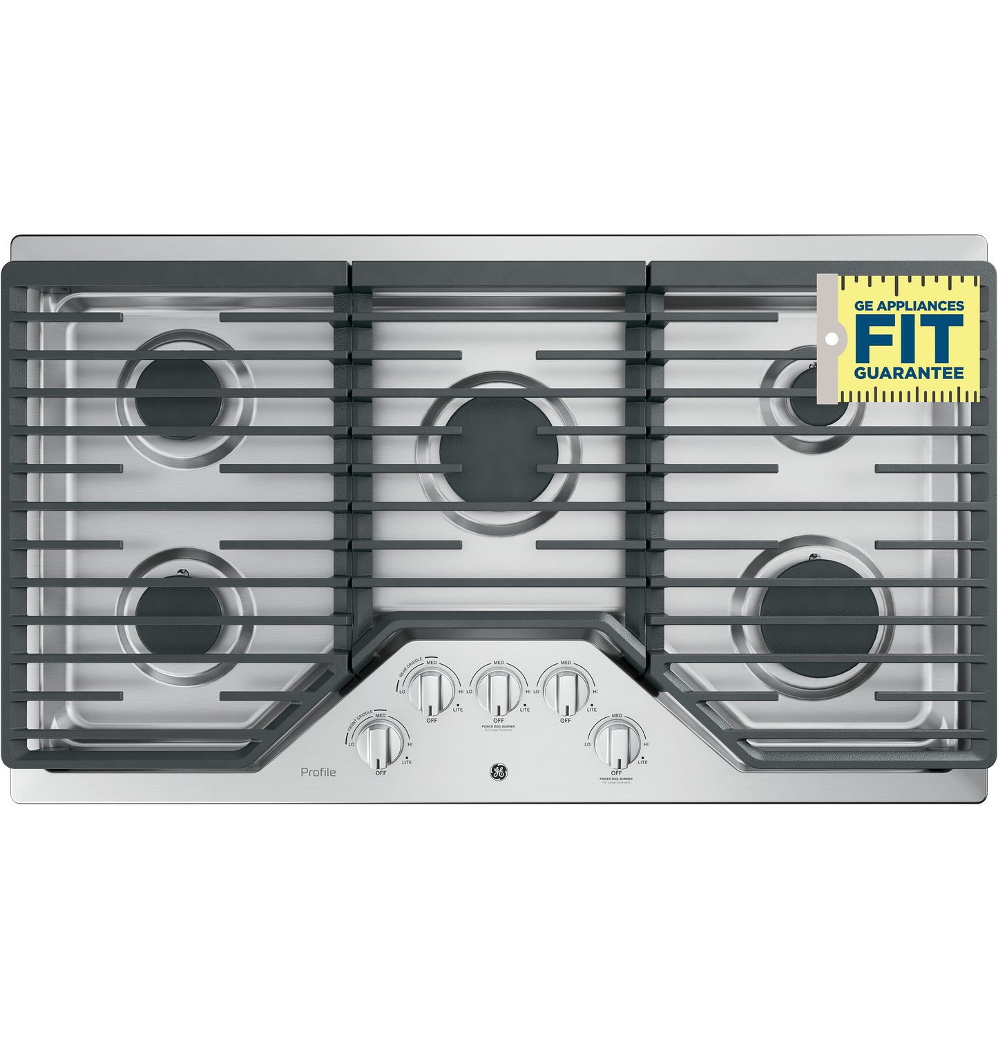 Overhead view of stainless steel built-in gas cooktop with five burners and front-facing control knobs in kitchen setting