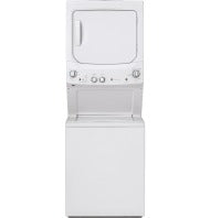 White stacked washer and long vent electric dryer combo with top load stainless steel basket in appliance laundry centers at Hartville Hardware.