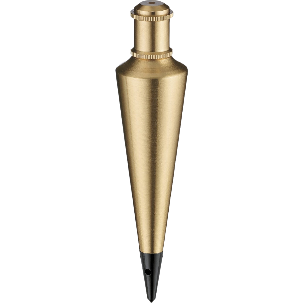 Brass plumb bob with lacquered finish and black tip for precise measuring in woodworking and construction tools collections